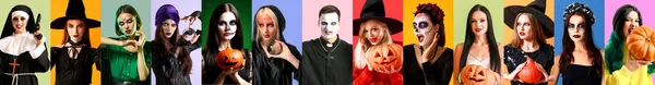 Persone Diverse Costumi Halloween Sfondo Colore — Foto Stock