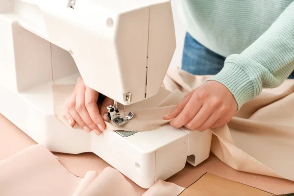 Woman Sewing Clothes Table Closeup — Stock Photo, Image