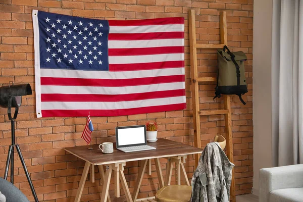 Interior Habitación Elegante Con Lugar Trabajo Moderno Bandera — Foto de Stock