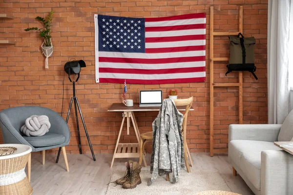 Interior Stylish Room Modern Workplace Usa Flag — Stock Photo, Image