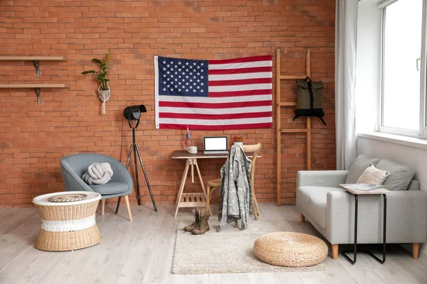 Interior Stylish Room Modern Workplace Usa Flag — Stock Photo, Image