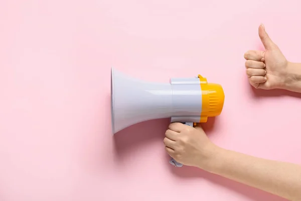 Woman Megaphone Showing Thumb Color Background — Stock Photo, Image
