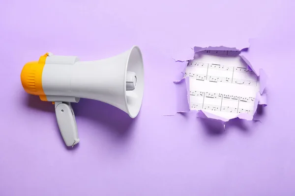 Modern Megaphone Music Notes Visible Torn Color Paper — Stock Photo, Image
