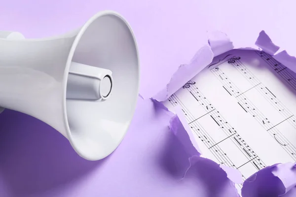 Modern Megaphone Music Notes Visible Torn Color Paper — Stock Photo, Image