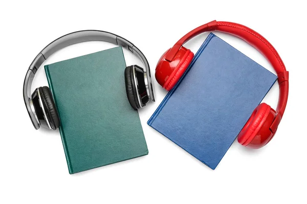 Modern Headphones Books White Background — Stock Photo, Image