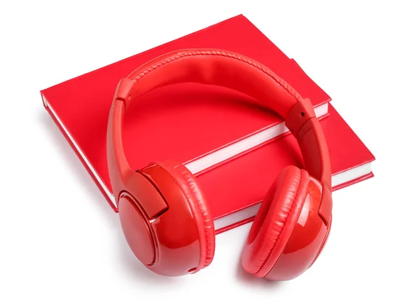 Headphones Modernos Com Livros Sobre Fundo Branco — Fotografia de Stock