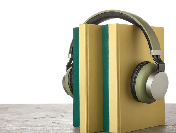 Modern Headphones Books Table White Background — Stock Photo, Image