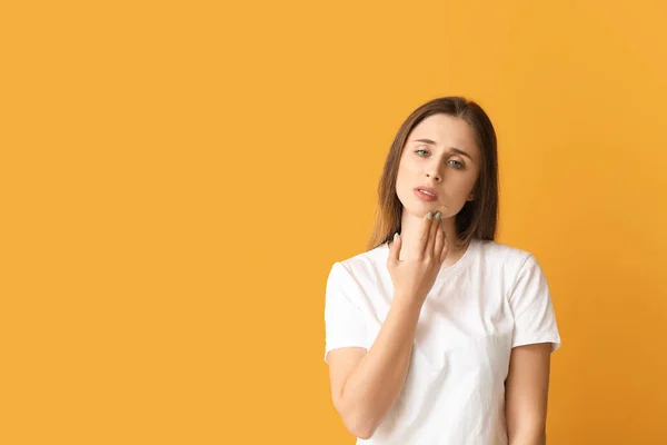 Young Woman Plaster Her Face Color Background — Stock Photo, Image