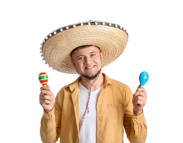 Jeune Mexicain Chapeau Sombrero Avec Des Maracas Sur Fond Blanc — Photo