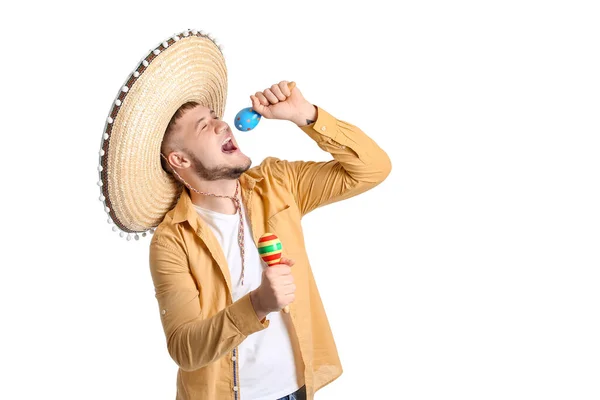 Jovem Mexicano Chapéu Sombrero Com Maracas Sobre Fundo Branco — Fotografia de Stock