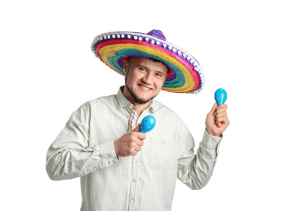 Junger Mexikaner Mit Sombrero Hut Und Maracas Auf Weißem Hintergrund — Stockfoto