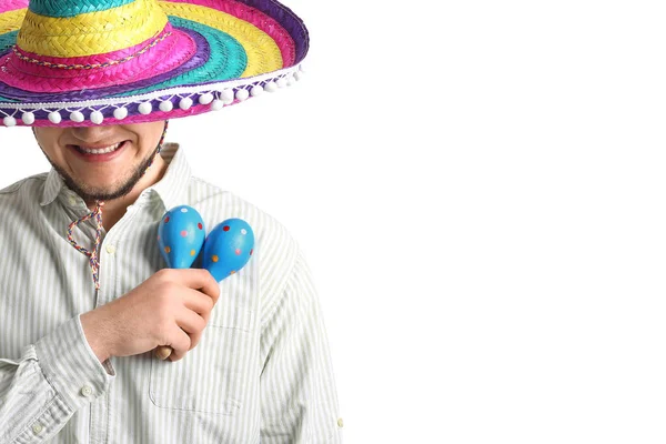 Jeune Mexicain Chapeau Sombrero Avec Des Maracas Sur Fond Blanc — Photo