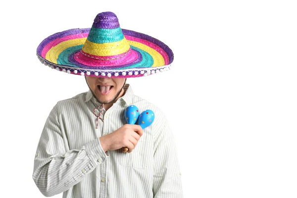 Jeune Mexicain Chapeau Sombrero Avec Des Maracas Sur Fond Blanc — Photo