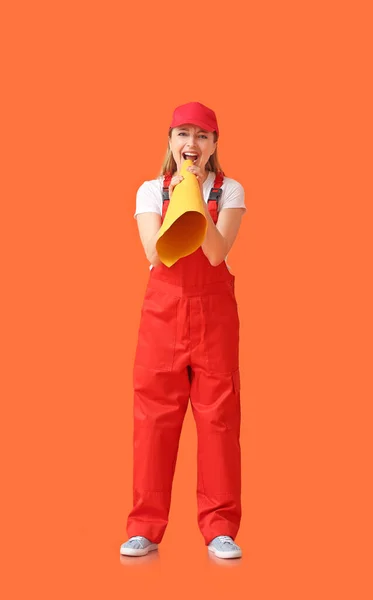 Female Worker Shouting Creative Megaphone Color Background — Stock Photo, Image