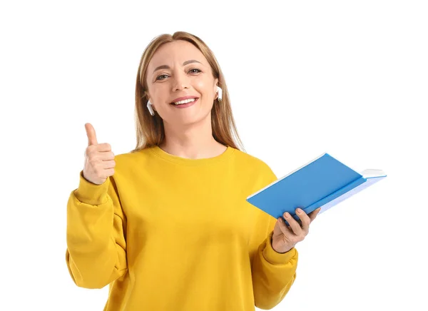 Mature Woman Book Showing Thumb White Background — Stock Photo, Image