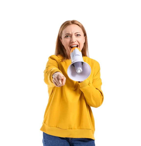 Boos Volwassen Vrouw Schreeuwen Megafoon Witte Achtergrond — Stockfoto