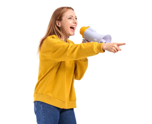 Mujer Madura Gritando Megáfono Sobre Fondo Blanco — Foto de Stock