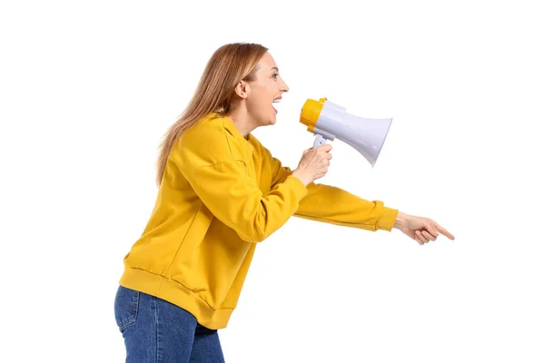 Wanita Dewasa Berteriak Menjadi Megaphone Dengan Latar Belakang Putih — Stok Foto