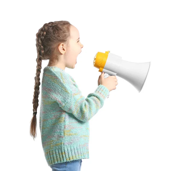 Menina Gritando Megafone Fundo Branco — Fotografia de Stock