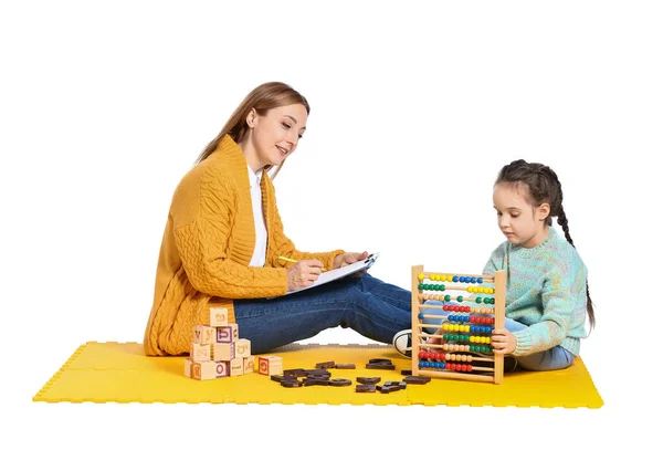 Female Psychologist Working Girl Suffering Autistic Disorder White Background — Stock Photo, Image