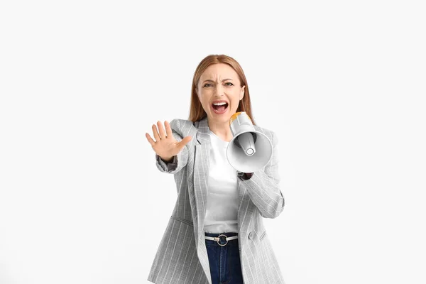 Angry Mature Woman Shouting Megaphone White Background — Stock Photo, Image