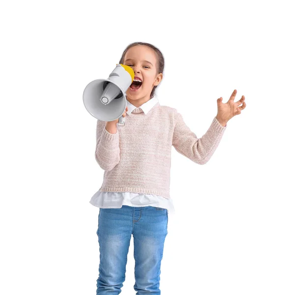 Menina Irritada Gritando Megafone Fundo Branco — Fotografia de Stock