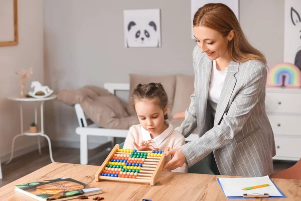 Female Psychologist Working Girl Suffering Autistic Disorder Office — Stock Photo, Image