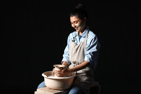 Young Woman Making Ceramic Pot Dark Background — Stock Photo, Image