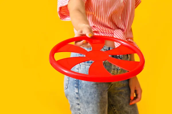 Beautiful Young Woman Frisbee Disk Color Background Closeup — Stock Photo, Image