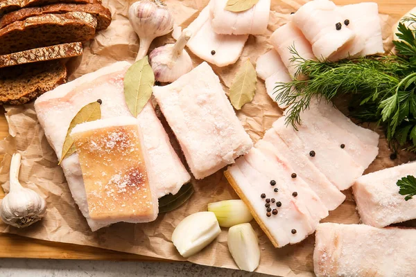 Wooden Board Salted Lard Bread Table — Stock Photo, Image