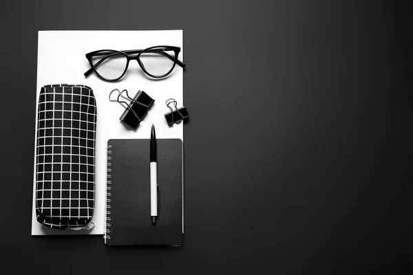 Stylish Pencil Case Eyeglasses Stationery Dark Background — Stock Photo, Image