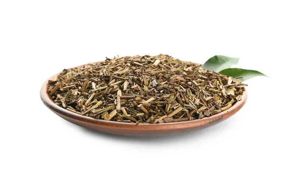 Plate Dry Hojicha Green Tea White Background — Stock Photo, Image