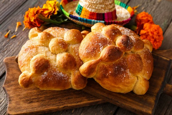 Brot Der Toten Auf Hölzernem Hintergrund Feier Des Mexikanischen Tages — Stockfoto