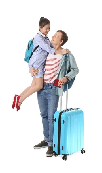 Gelukkige Vader Dochter Met Bagage Witte Achtergrond Begrip Toerisme — Stockfoto