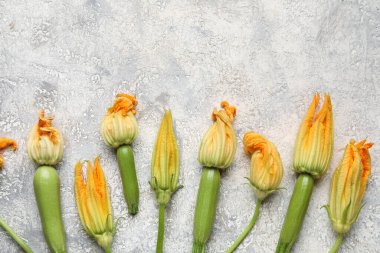 Gri arkaplanda çiçekler olan taze kabak.