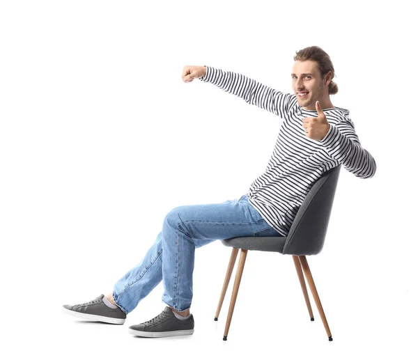 Young Man Imaginary Steering Wheel Showing Thumb White Background — Stock Photo, Image