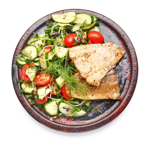 Plate Tasty Baked Cod Fillet Vegetables White Background — Stock Photo, Image
