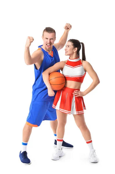 Cheerleader Dan Pemain Basket Latar Belakang Putih — Stok Foto