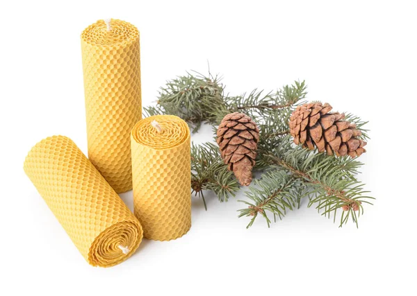 Composition Wax Candles Fir Branch Pine Cone White Background — Stock Photo, Image