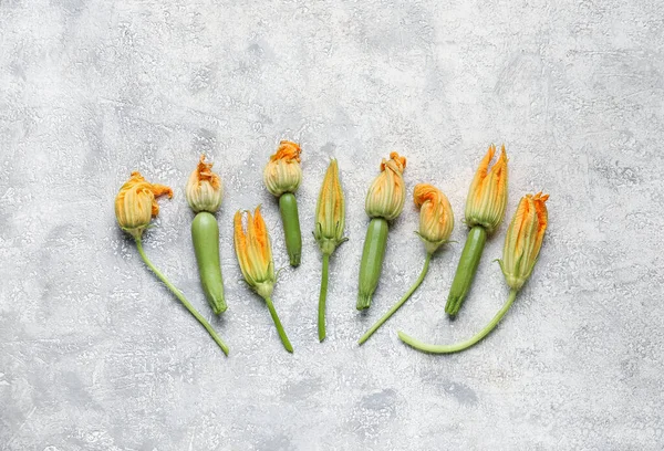 Fresh Zucchini Flowers Grey Background — Stock Photo, Image