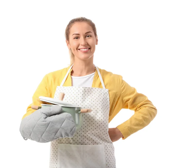 Jeune Femme Foyer Avec Casserole Sur Fond Blanc — Photo