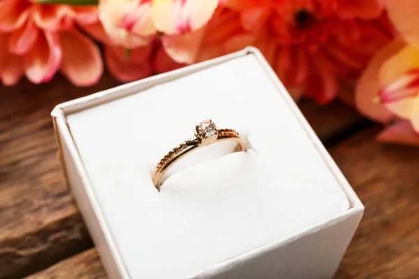 Box Engagement Ring Beautiful Flowers Wooden Table — Stock Photo, Image