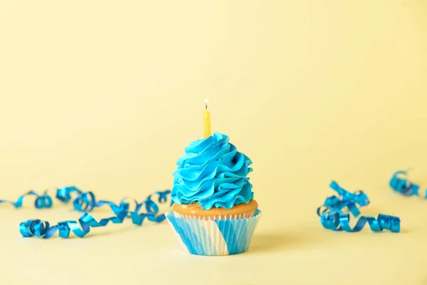 Tasty Birthday Cupcake Burning Candle Color Background — Stock Photo, Image