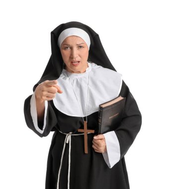 İncil 'i beyaz arka plandaki izleyiciyi gösteren olgun bir rahibe.