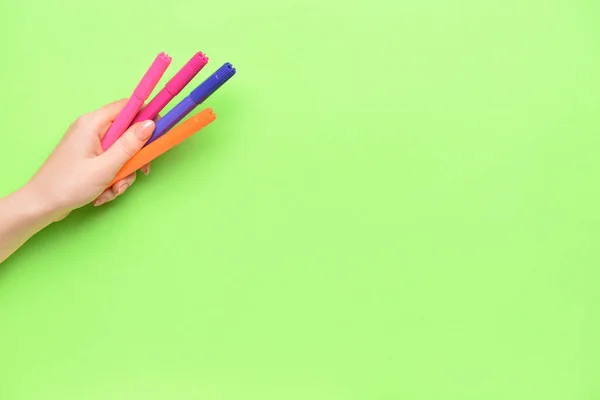 Female Hand Colorful Markers Color Background — Stock Photo, Image