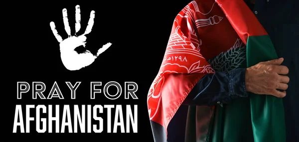 Человек Флагом Текстом Молитва Афганистана Темном Фоне — стоковое фото