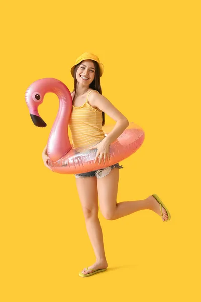 Young Woman Inflatable Ring Color Background — Stock Photo, Image