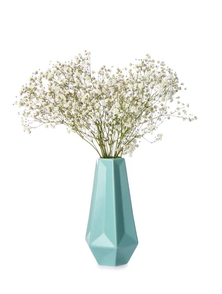 Stilvolle Vase Mit Schönen Zigeunerblumen Auf Weißem Hintergrund — Stockfoto