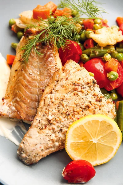 Plate Tasty Baked Cod Fillet Vegetables Closeup — Stock Photo, Image