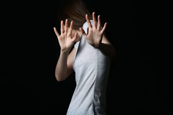 Scared Young Woman Dark Background Concept Harassment — Stock Photo, Image